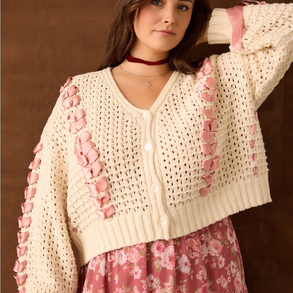 ARULA Cream and Pink Ribbon Cardigan